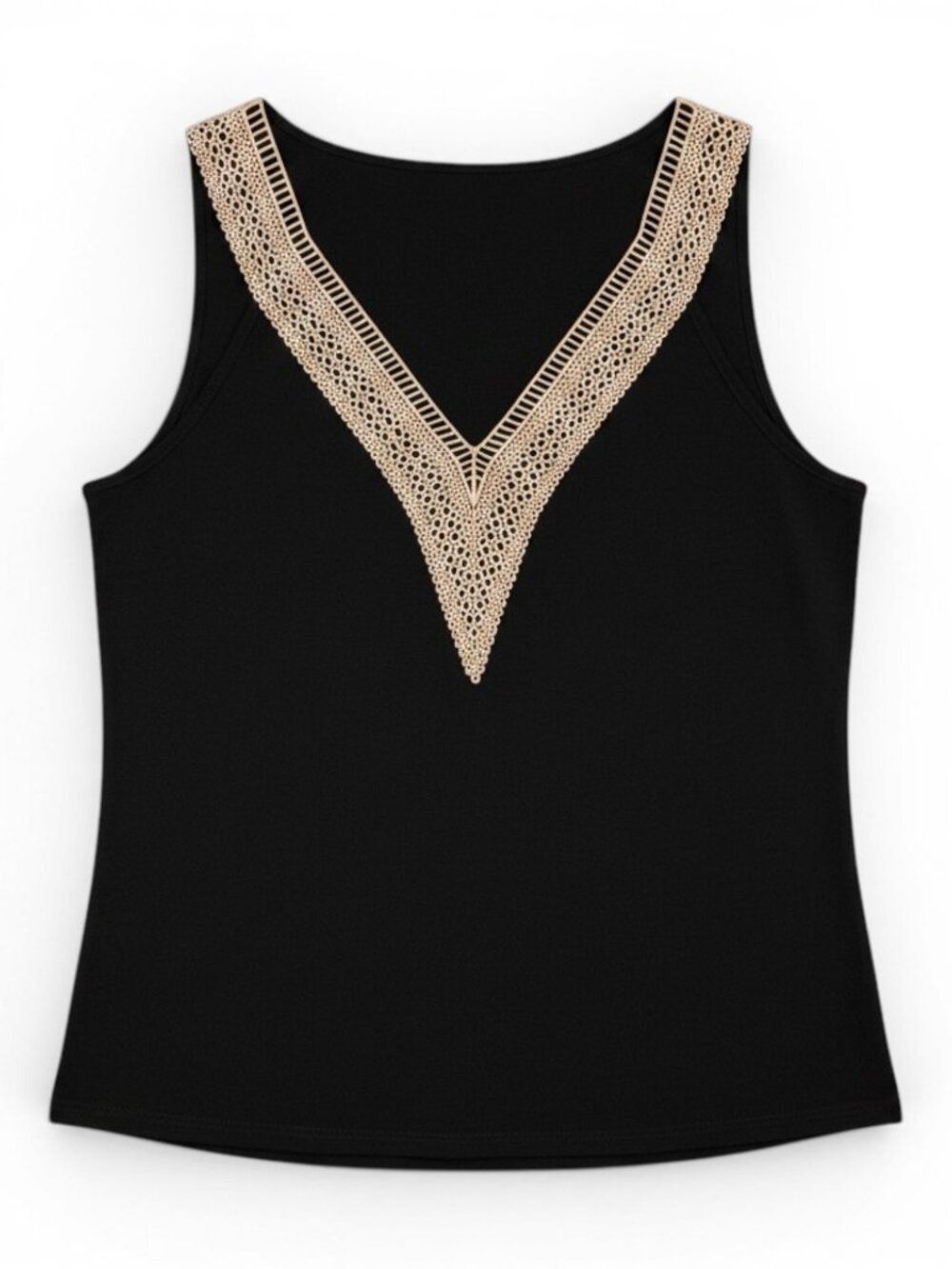 Cupshe Black Tank Top with Cream Crochet V-Neck Trim
